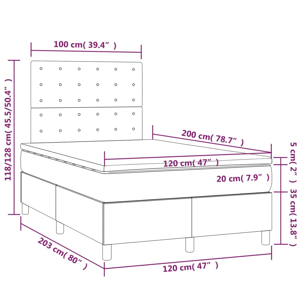 sötétszürke szövet rugós és LED-es ágy matraccal 120 x 200 cm