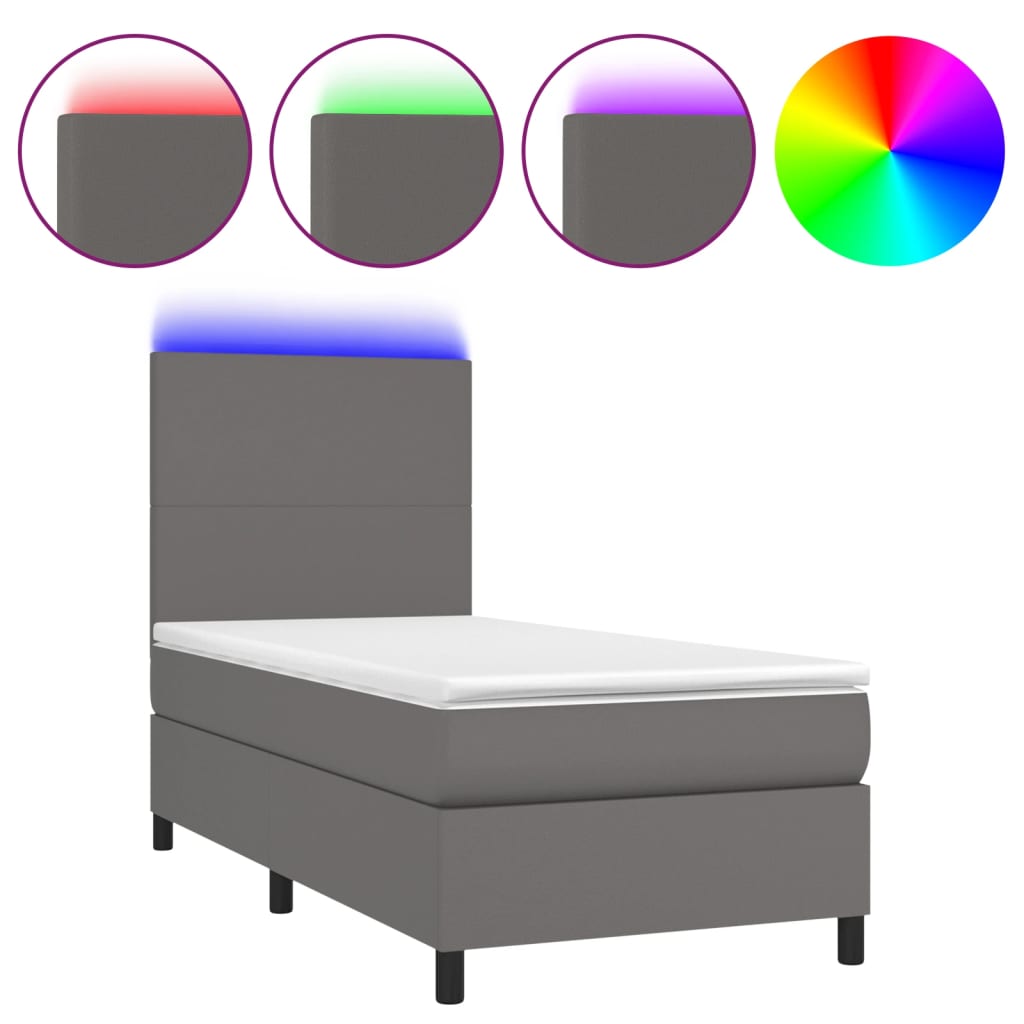szürke műbőr rugós ágy matraccal és LED-del 80 x 200 cm