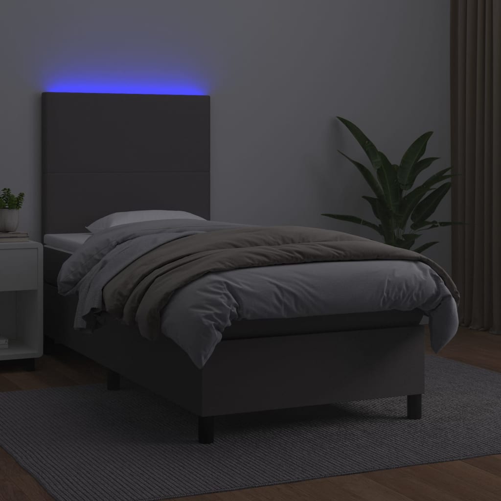 szürke műbőr rugós ágy matraccal és LED-del 80 x 200 cm