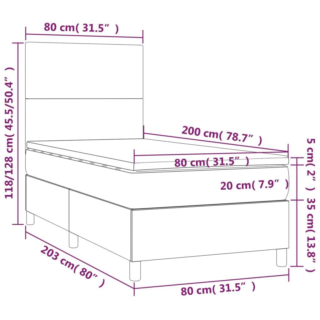 szürke műbőr rugós ágy matraccal és LED-del 80 x 200 cm