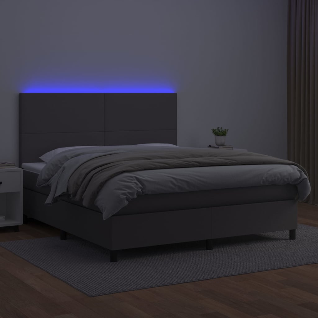 szürke műbőr rugós ágy matraccal és LED-del 160x200 cm