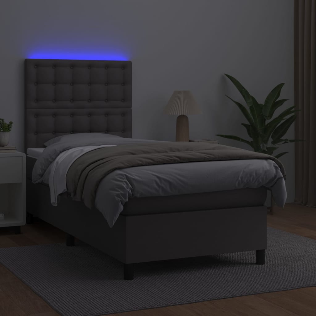 szürke műbőr rugós ágy matraccal és LED-del 80 x 200 cm