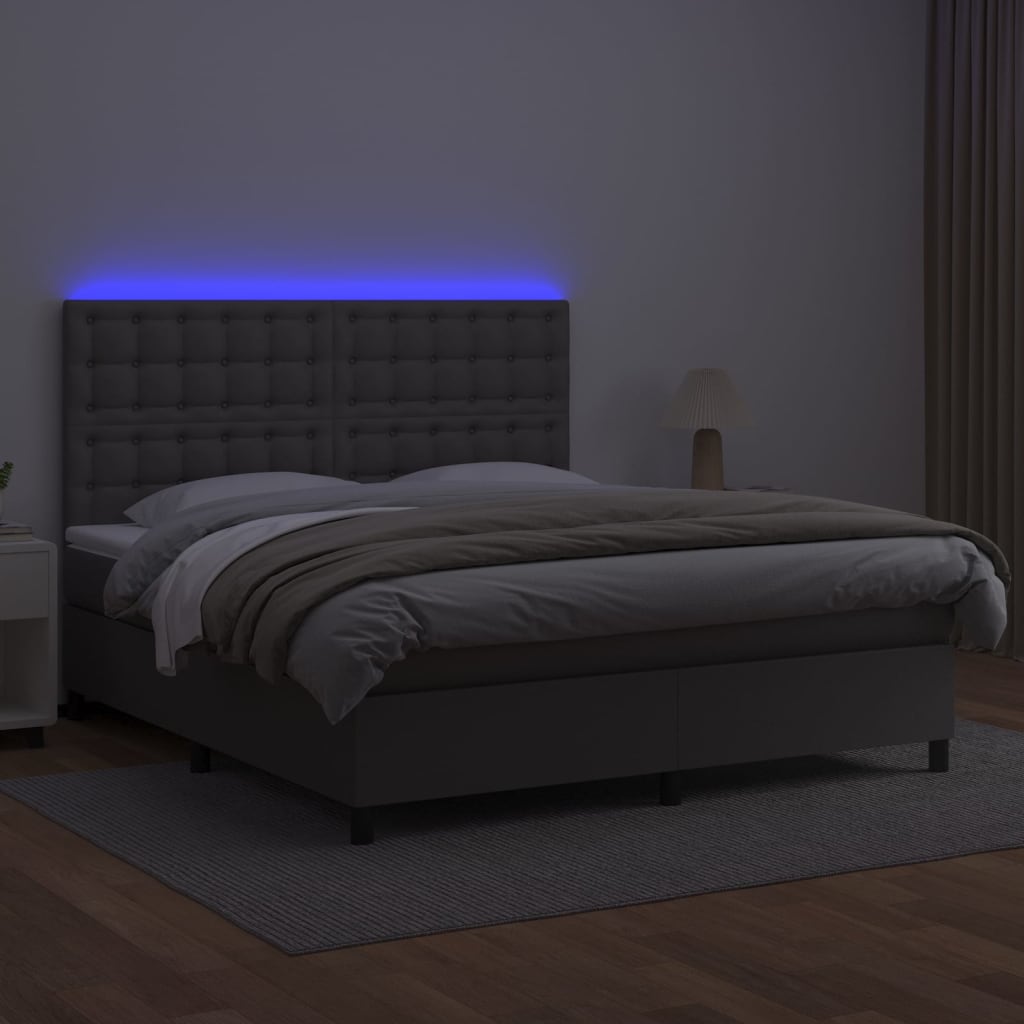 szürke műbőr rugós ágy matraccal és LED-del 160x200 cm