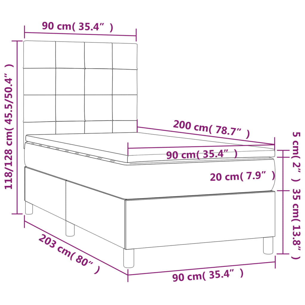 fekete bársony rugós és LED-es ágy matraccal 90x200 cm
