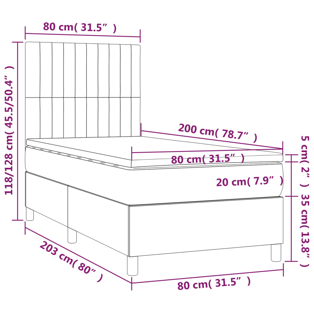 sötétkék bársony rugós és LED-es ágy matraccal 80 x 200 cm