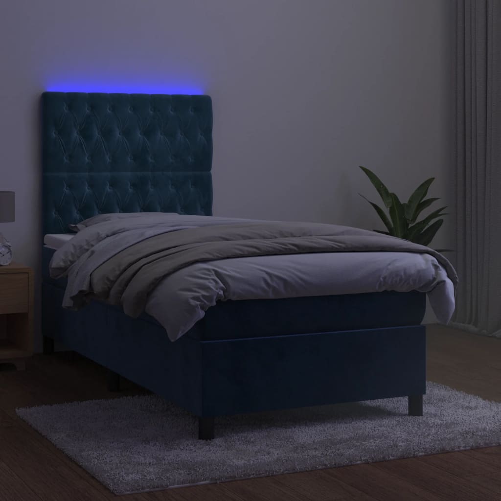 sötétkék bársony rugós és LED-es ágy matraccal 80 x 200 cm