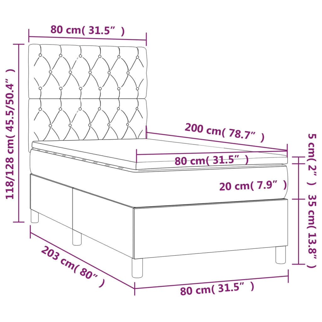 sötétkék bársony rugós és LED-es ágy matraccal 80 x 200 cm