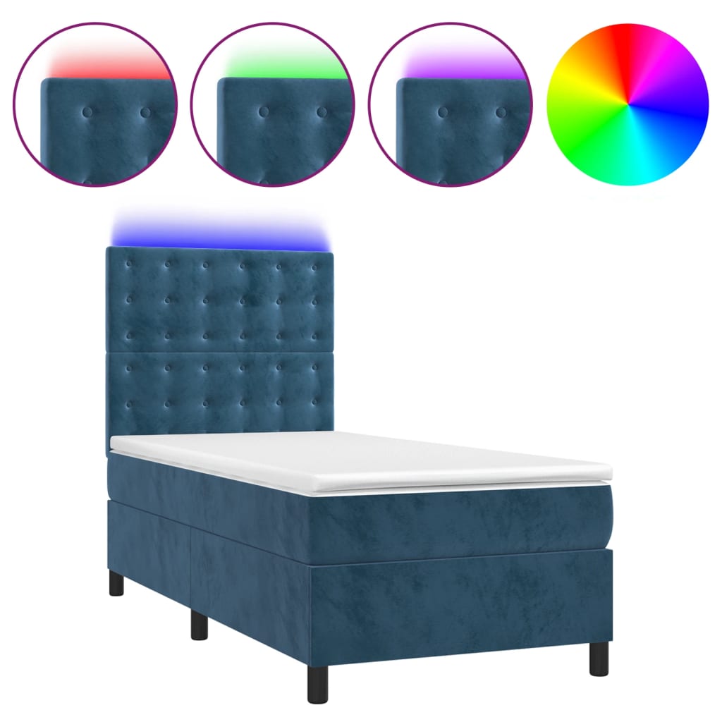 sötétkék bársony rugós és LED-es ágy matraccal 80 x 200 cm