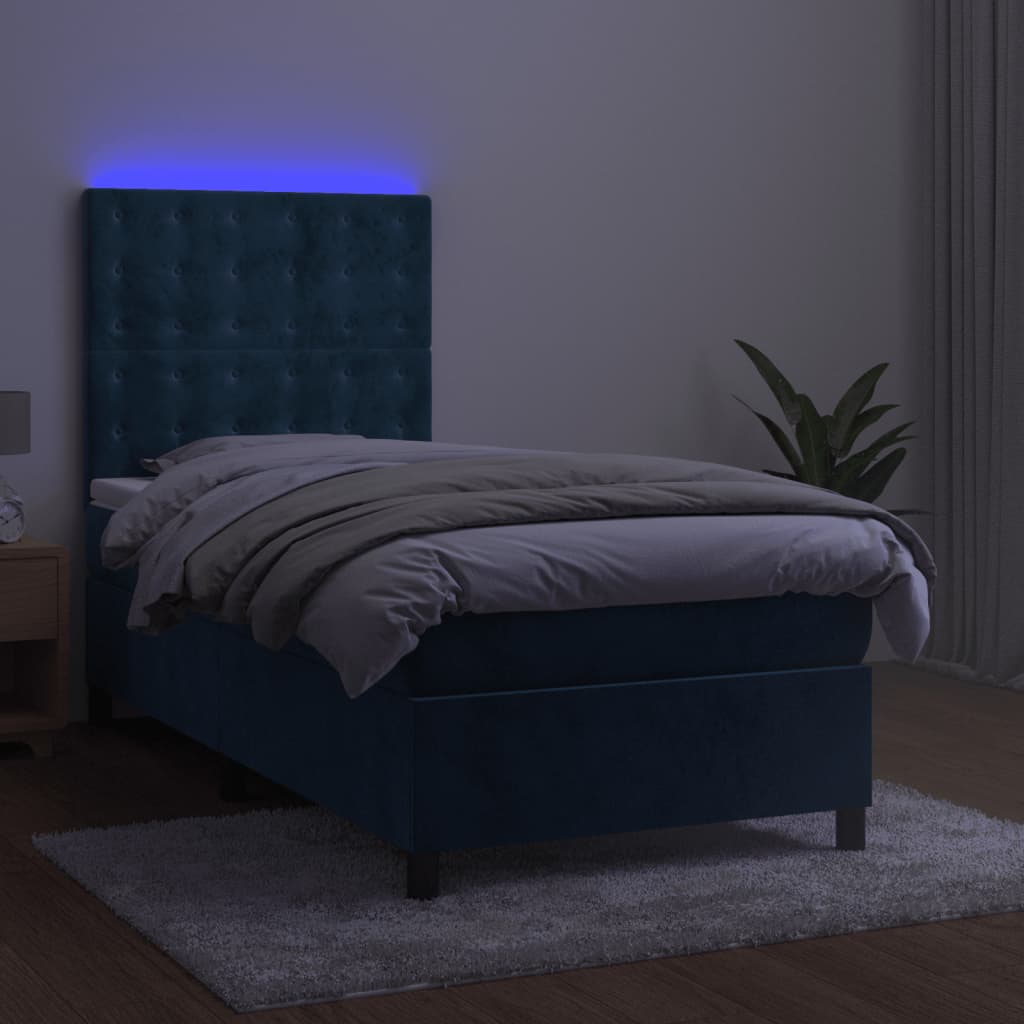 sötétkék bársony rugós és LED-es ágy matraccal 80 x 200 cm