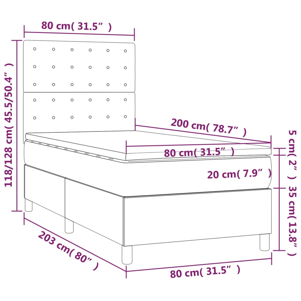 sötétkék bársony rugós és LED-es ágy matraccal 80 x 200 cm