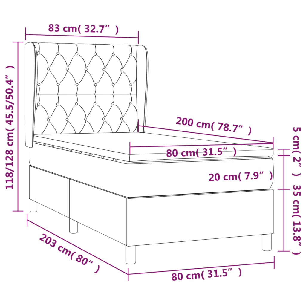 sötétkék bársony rugós ágy matraccal 80 x 200 cm