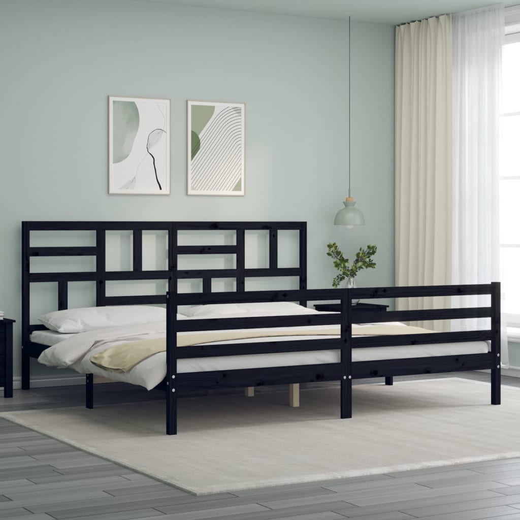 fekete tömör fa ágykeret fejtámlával 200 x 200 cm