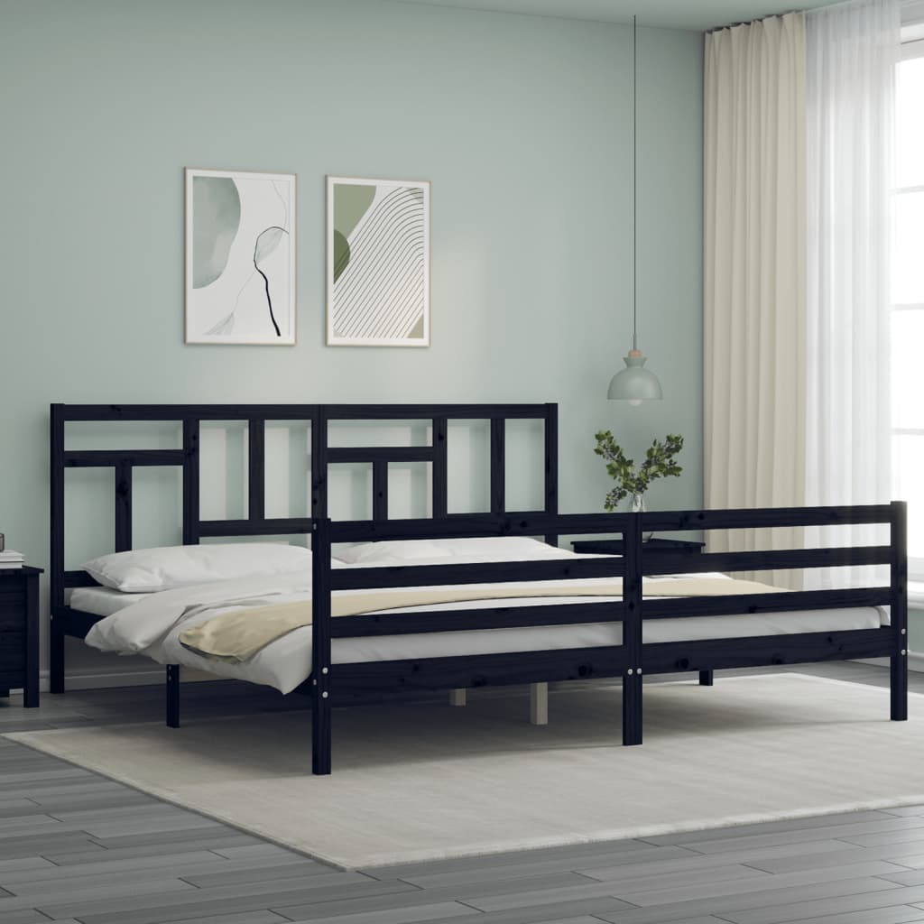 fekete tömör fa ágykeret fejtámlával 200 x 200 cm