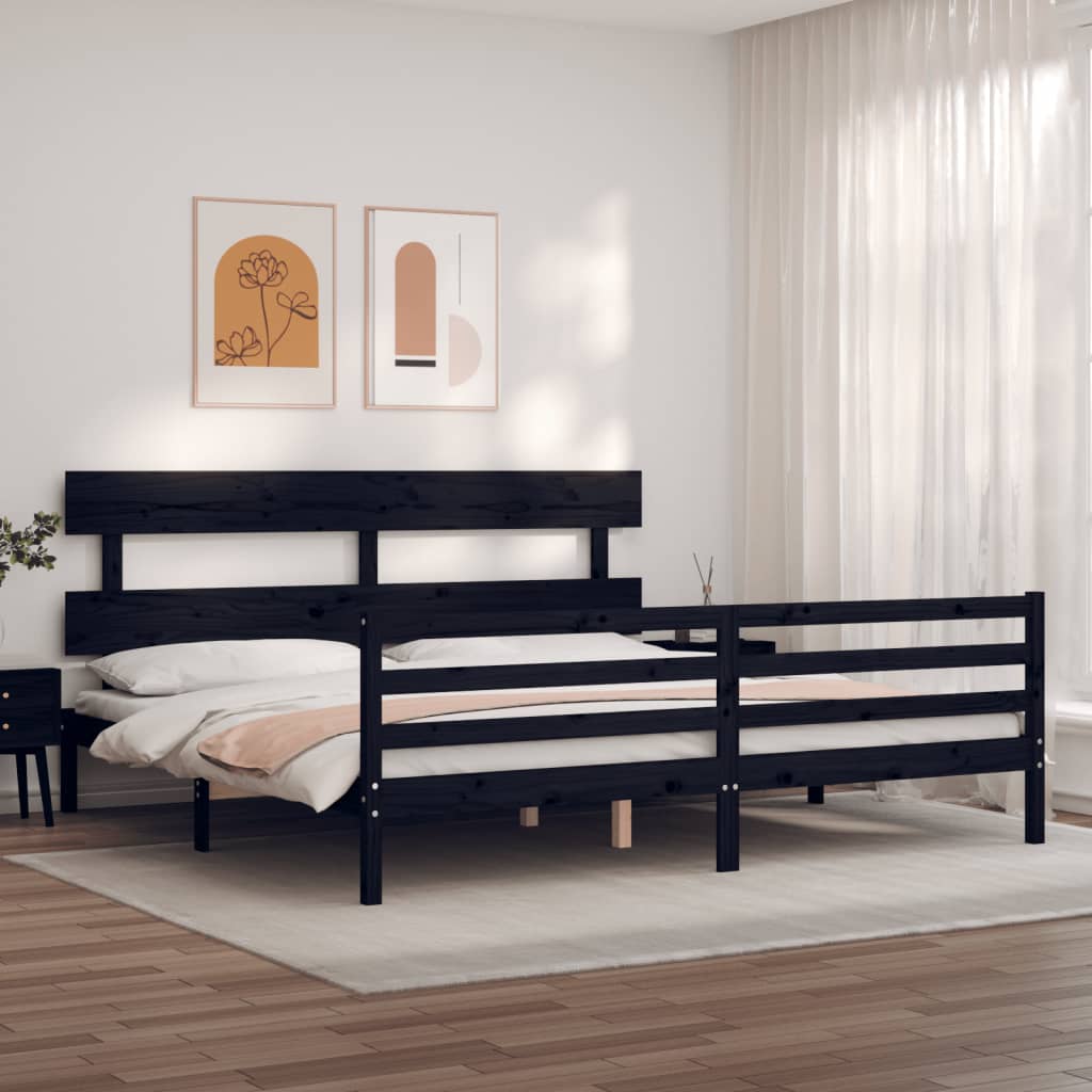 fekete tömör fa ágykeret fejtámlával 200 x 200 cm