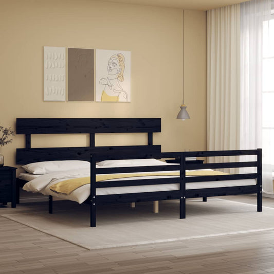 fekete tömör fa ágykeret fejtámlával 200 x 200 cm