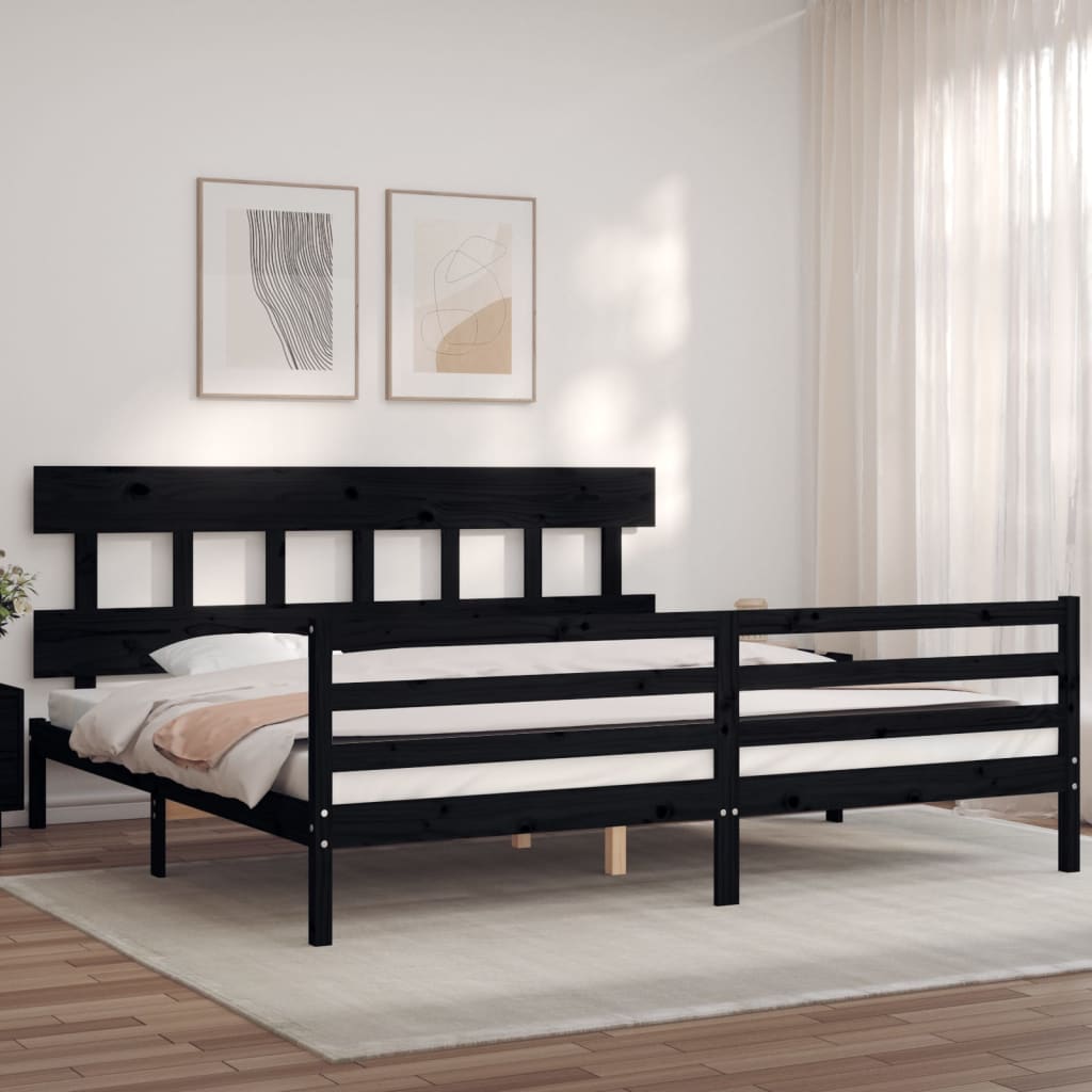fekete tömör fa ágykeret fejtámlával 200 x 200 cm