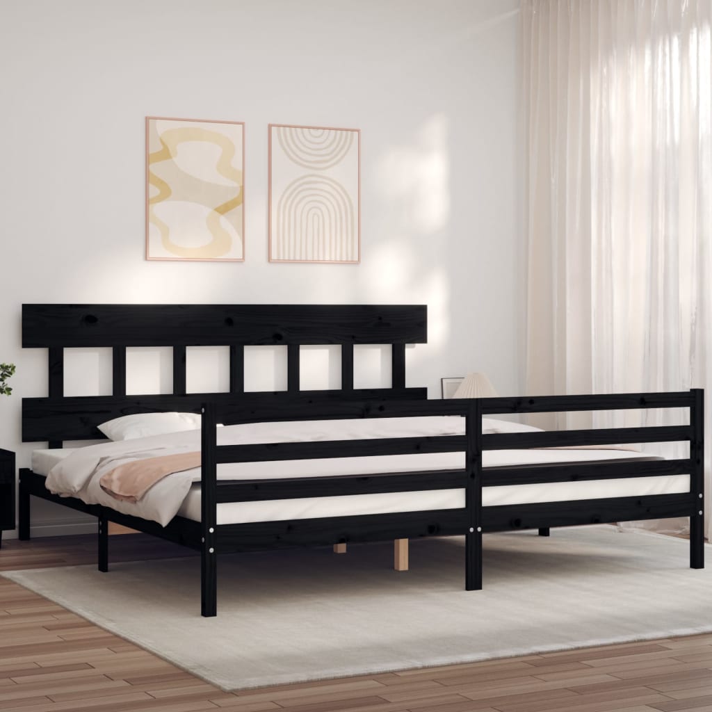 fekete tömör fa ágykeret fejtámlával 200 x 200 cm