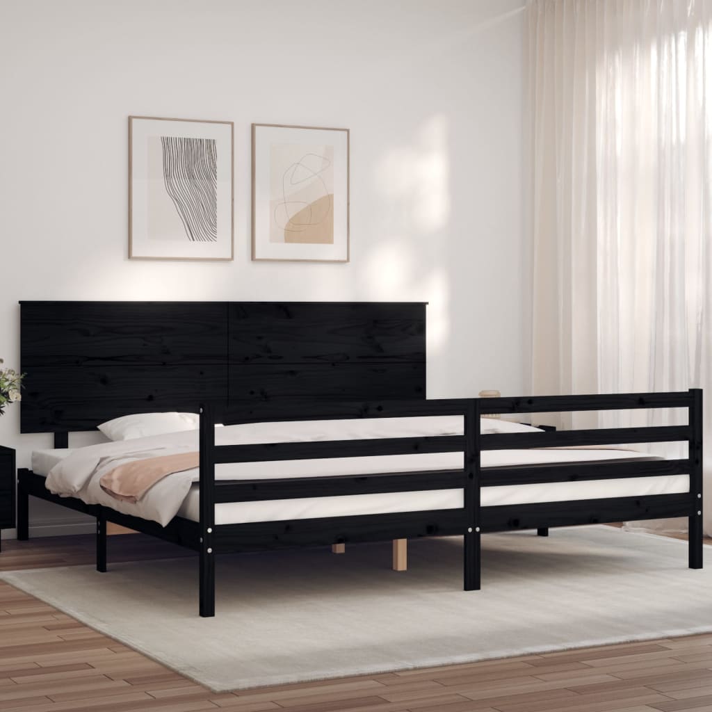 fekete tömör fa ágykeret fejtámlával 200 x 200 cm