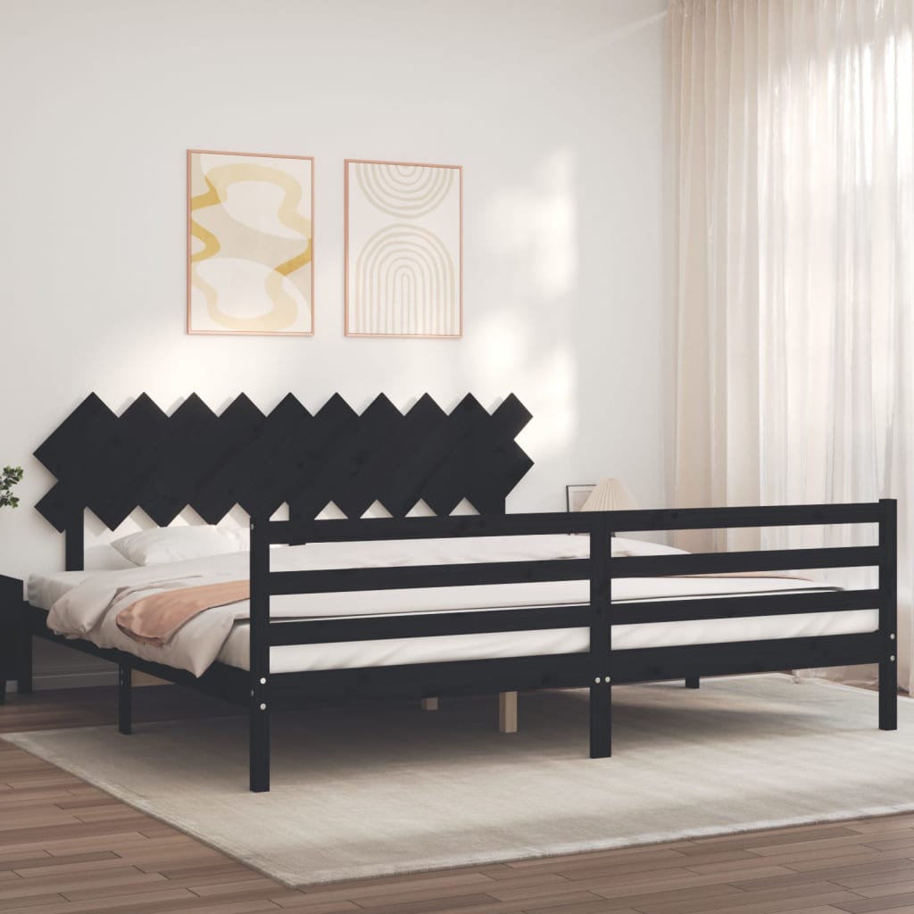 fekete tömör fa ágykeret fejtámlával 200 x 200 cm