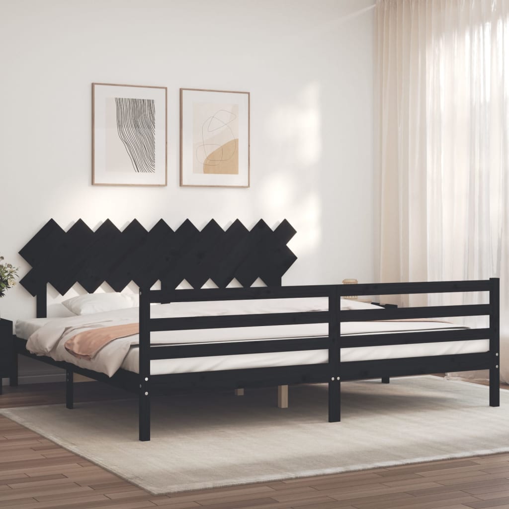 fekete tömör fa ágykeret fejtámlával 200 x 200 cm