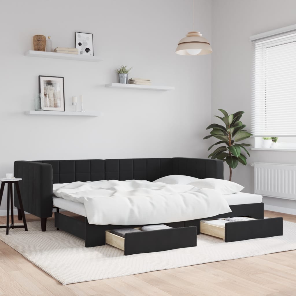 fekete kihúzható bársony heverő fiókkal 90 x 200 cm