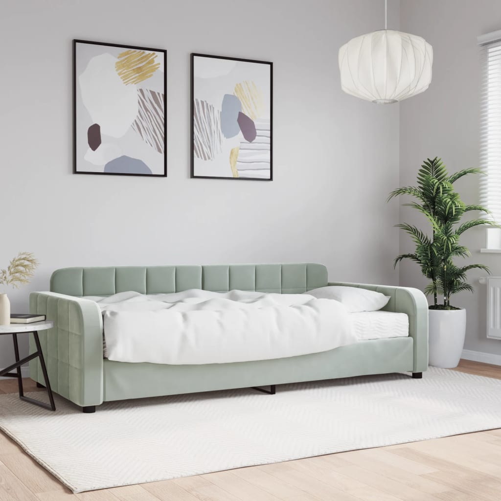 világosszürke bársony kanapéágy matraccal 90 x 200 cm
