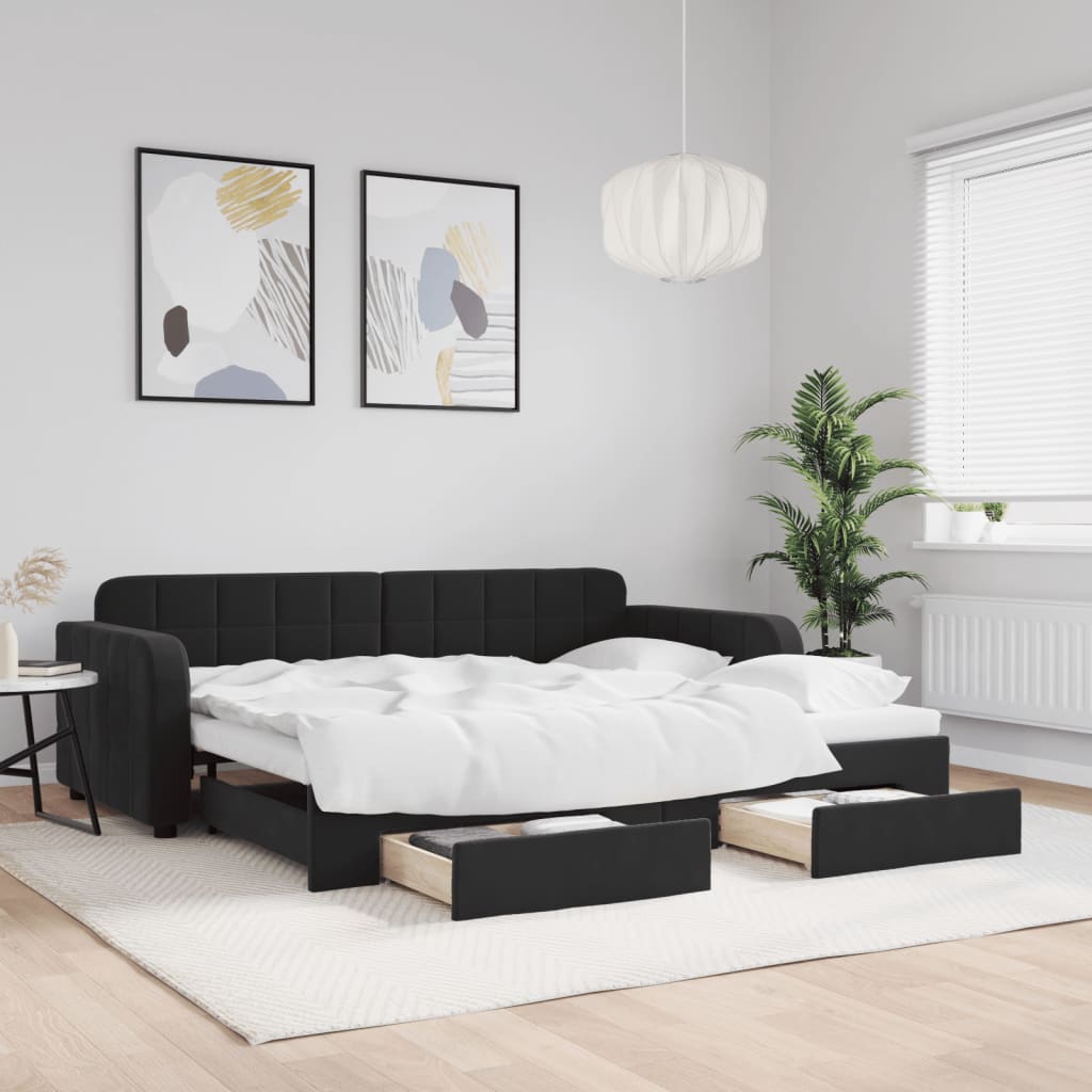 fekete kihúzható bársony heverő fiókkal 90 x 200 cm