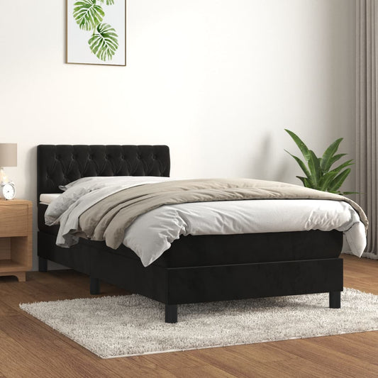 fekete bársony rugós ágy matraccal 90 x 200 cm