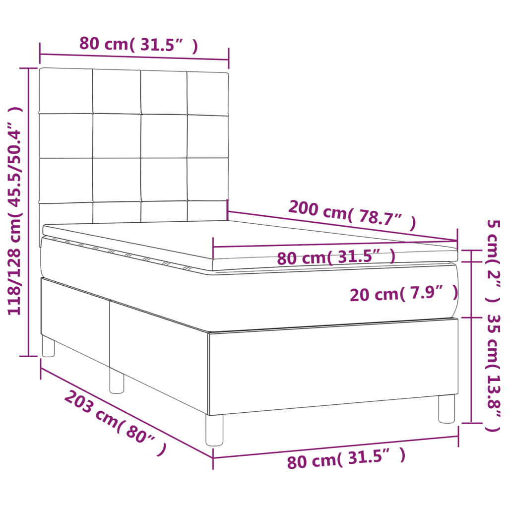 sötétkék bársony rugós ágy matraccal 80 x 200 cm