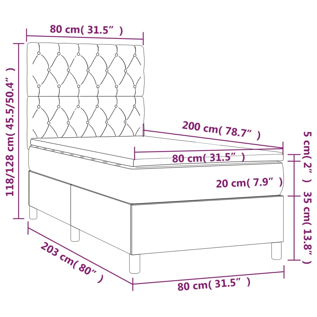 sötétkék bársony rugós ágy matraccal 80 x 200 cm