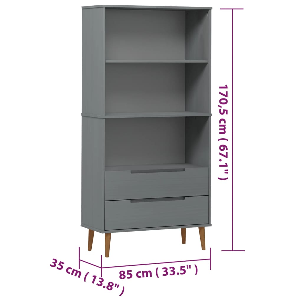 MOLDE szürke tömör fenyőfa könyvszekrény 85 x 35 x 170,5 cm
