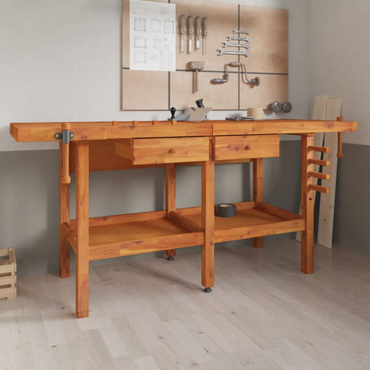 tömör akácfa munkapad fiókokkal és satukkal 192 x 62 x 83 cm