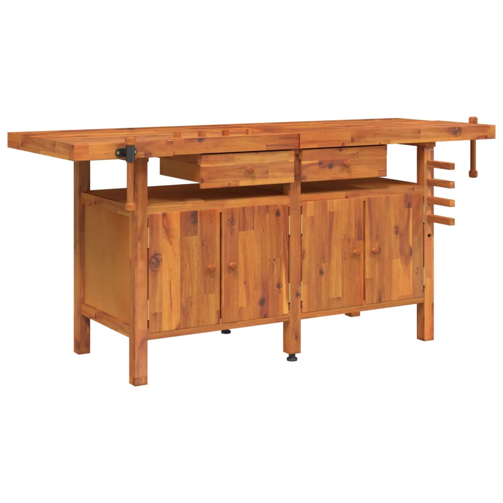 tömör akácfa munkaasztal fiókokkal és satukkal 192 x 62 x 83 cm
