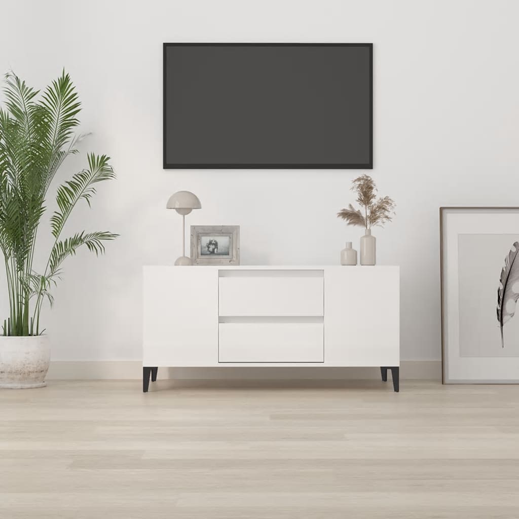 fehér magasfényű szerelt fa TV-szekrény 102x44,5x50 cm
