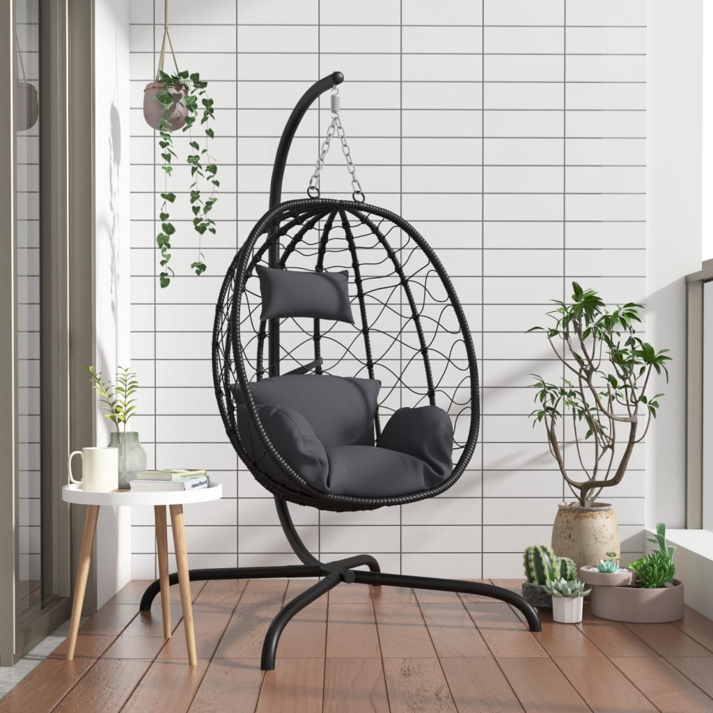 antracitszürke polyrattan és acél függő tojás alakú szék párnával