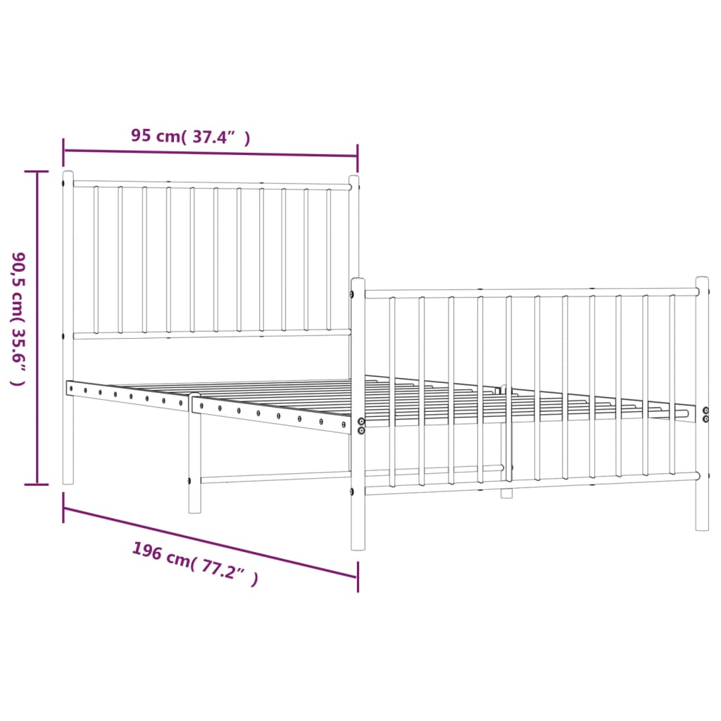 fekete fém ágykeret fej- és lábtámlával 90 x 190 cm