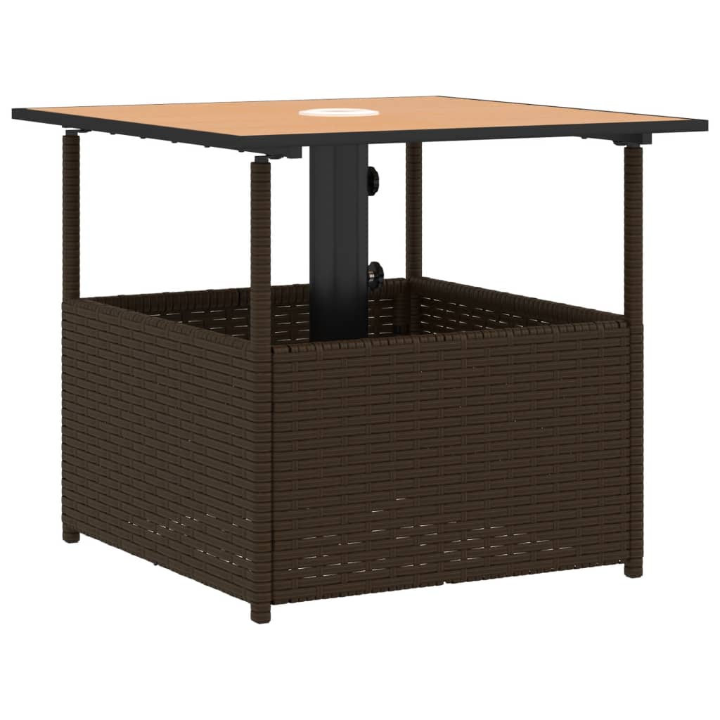 barna polyrattan kerti asztal napernyőlyukkal 55x55x46,5 cm