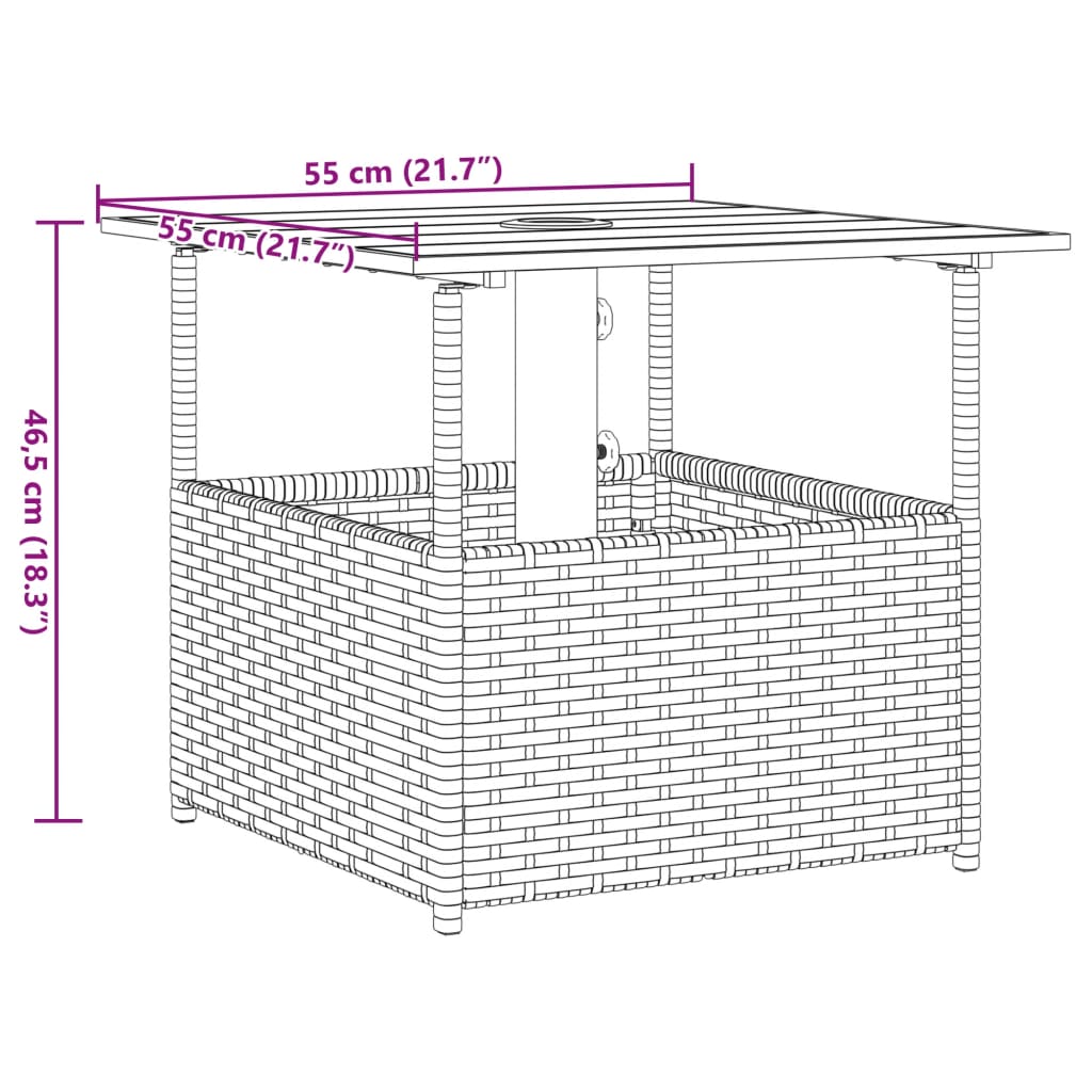 barna polyrattan kerti asztal napernyőlyukkal 55x55x46,5 cm