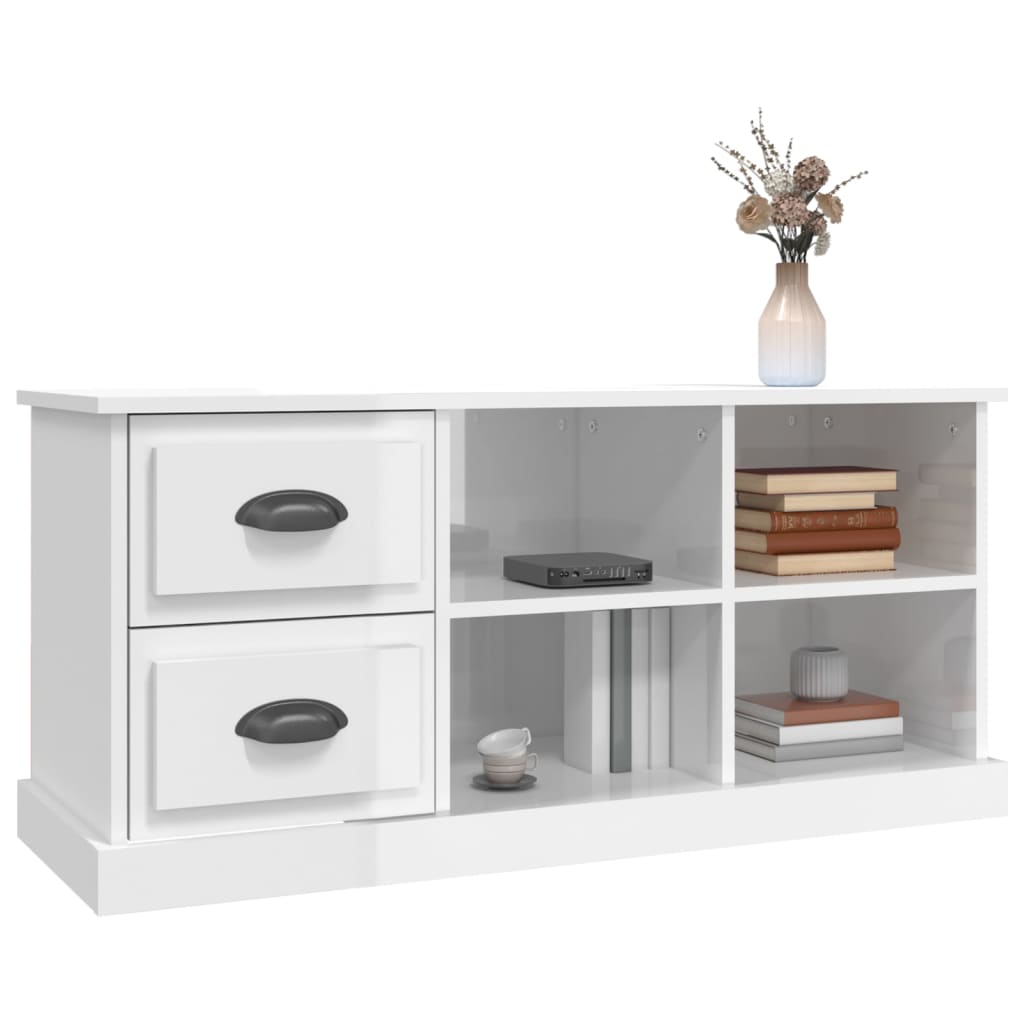magasfényű fehér szerelt fa TV-szekrény 102 x 35,5 x 47,5 cm