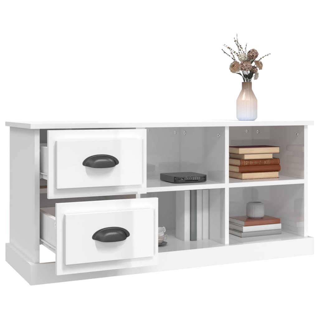 magasfényű fehér szerelt fa TV-szekrény 102 x 35,5 x 47,5 cm