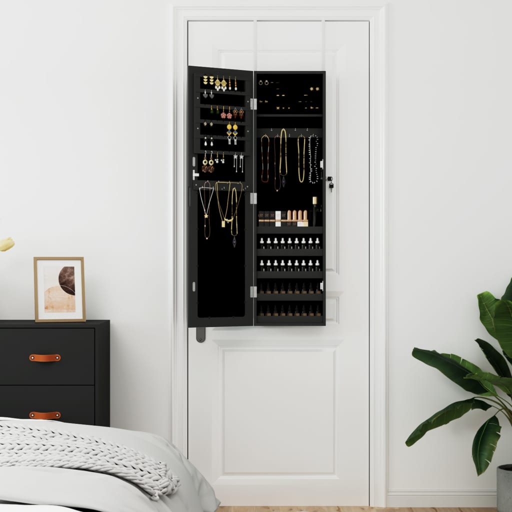 fekete falra szerelhető tükrös ékszerszekrény 30x8,5x106 cm