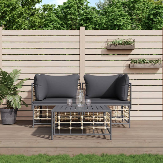 3 részes antracitszürke polyrattan kerti ülőgarnitúra párnákkal