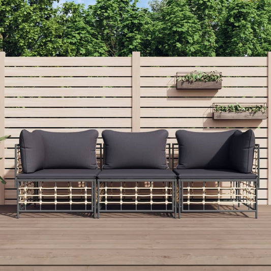 3 részes antracitszürke polyrattan kerti ülőgarnitúra párnákkal