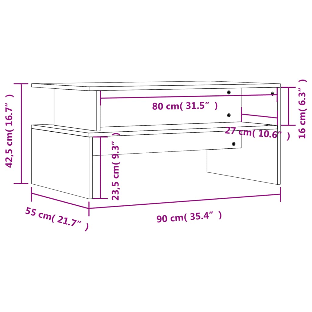betonszürke szerelt fa dohányzóasztal 90 x 55 x 42,5 cm