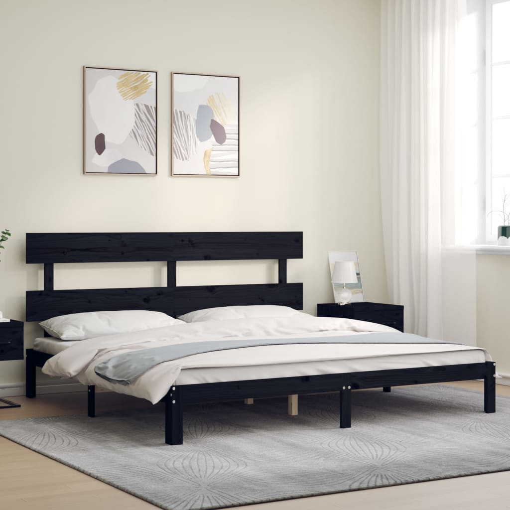 fekete tömör fa ágykeret fejtámlával 200 x 200 cm