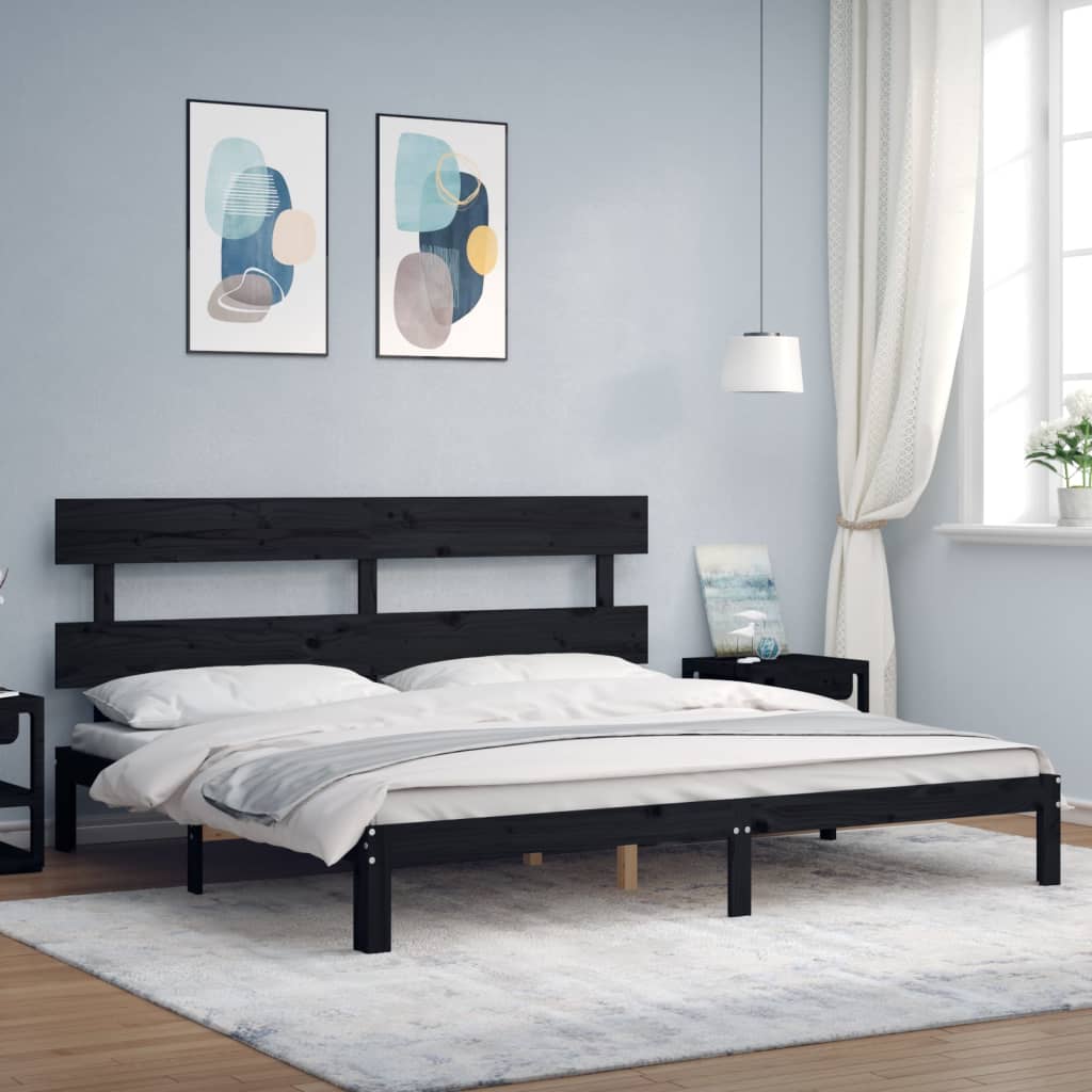 fekete tömör fa ágykeret fejtámlával 200 x 200 cm