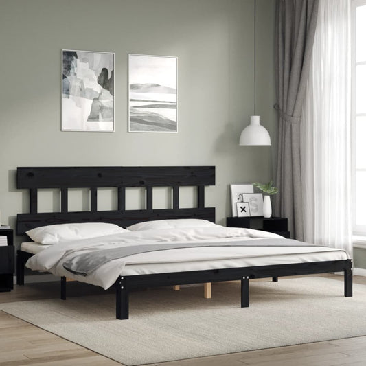 fekete tömör fa ágykeret fejtámlával 200 x 200 cm