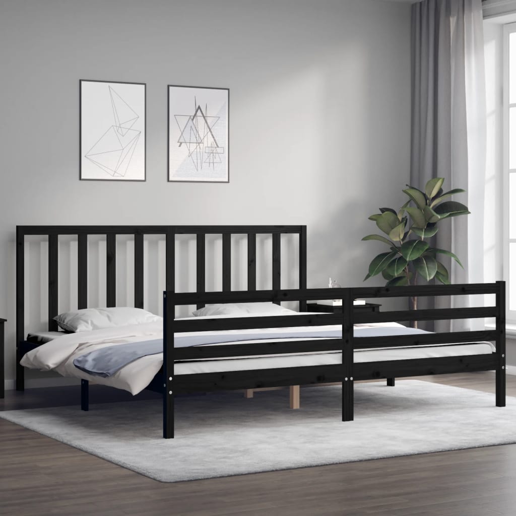 fekete tömör fa ágykeret fejtámlával 200 x 200 cm