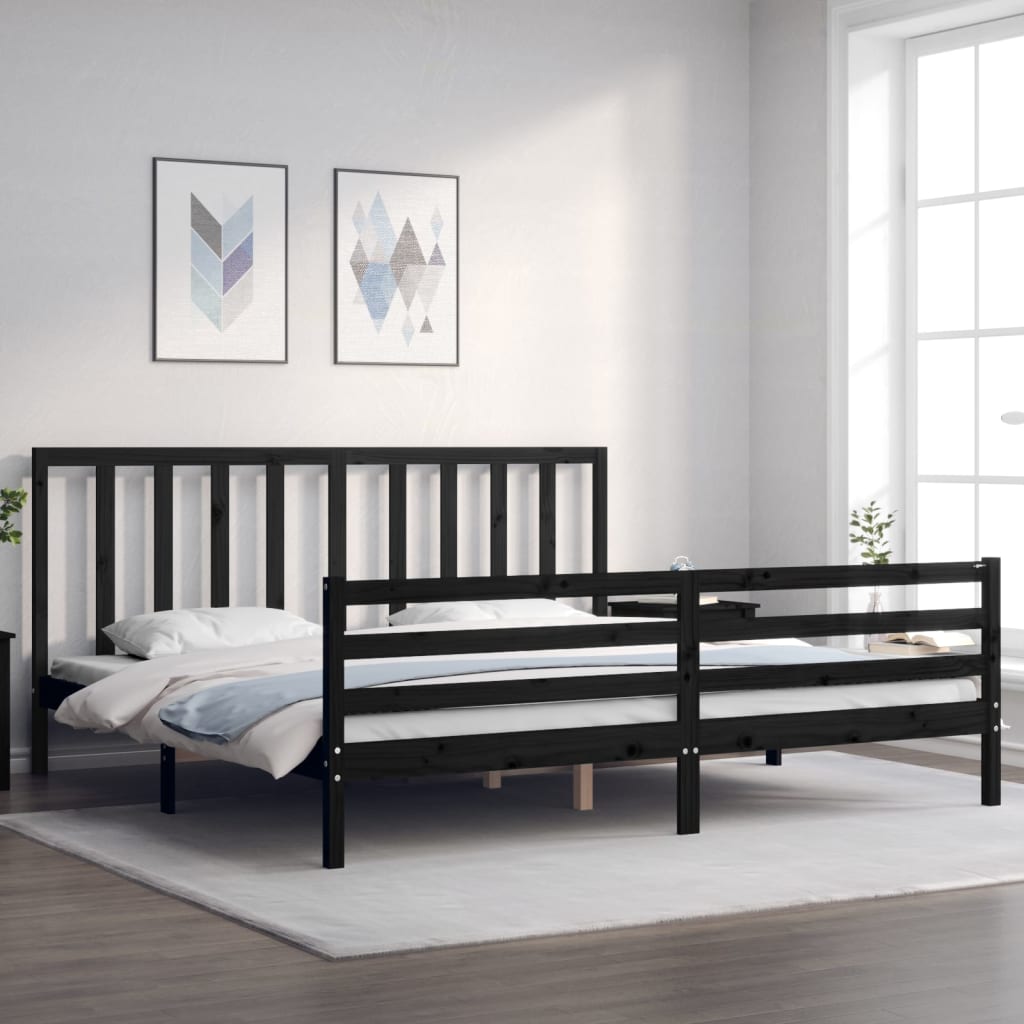 fekete tömör fa ágykeret fejtámlával 200 x 200 cm