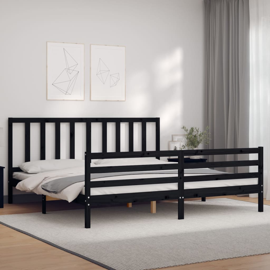 fekete tömör fa ágykeret fejtámlával 200 x 200 cm